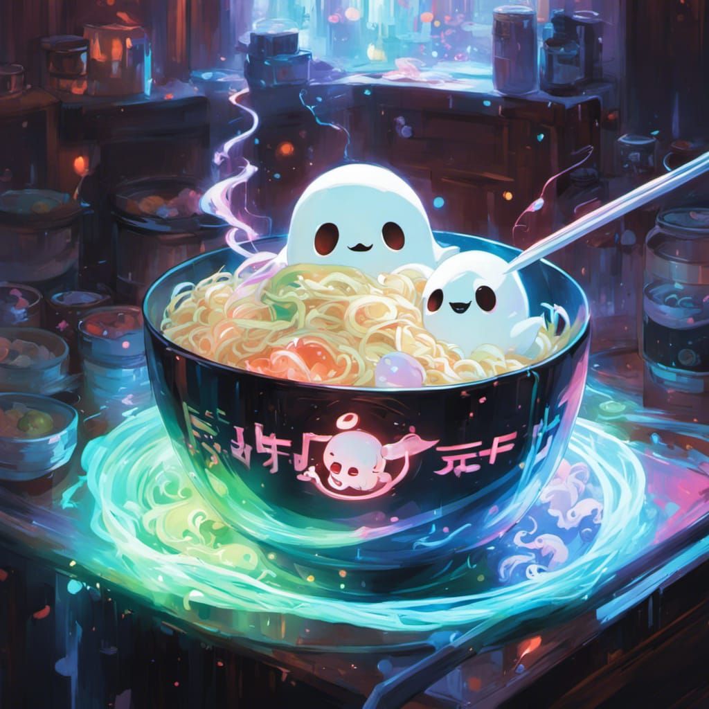 Rainbow Ramen with Chibi Ghosts, Digital Art