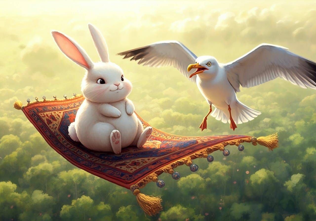 Whimsical White Rabbit on Majestic Magic Carpet