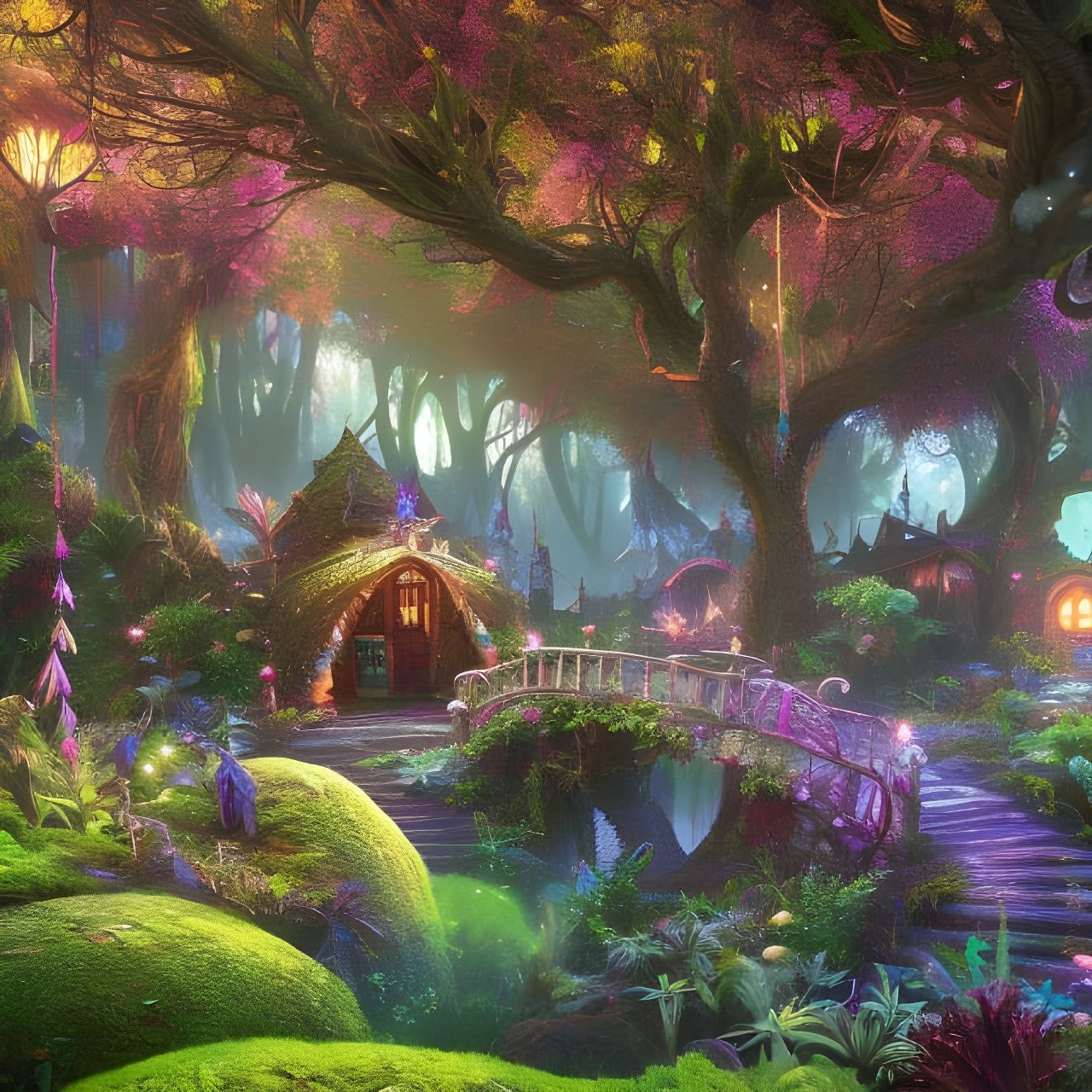 Faerie fantasy house in a Psychedelic fantasy forest