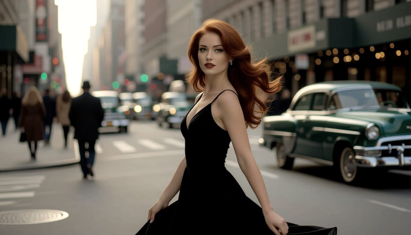 Ethereal Redhead Dancer in Blurred Cityscape