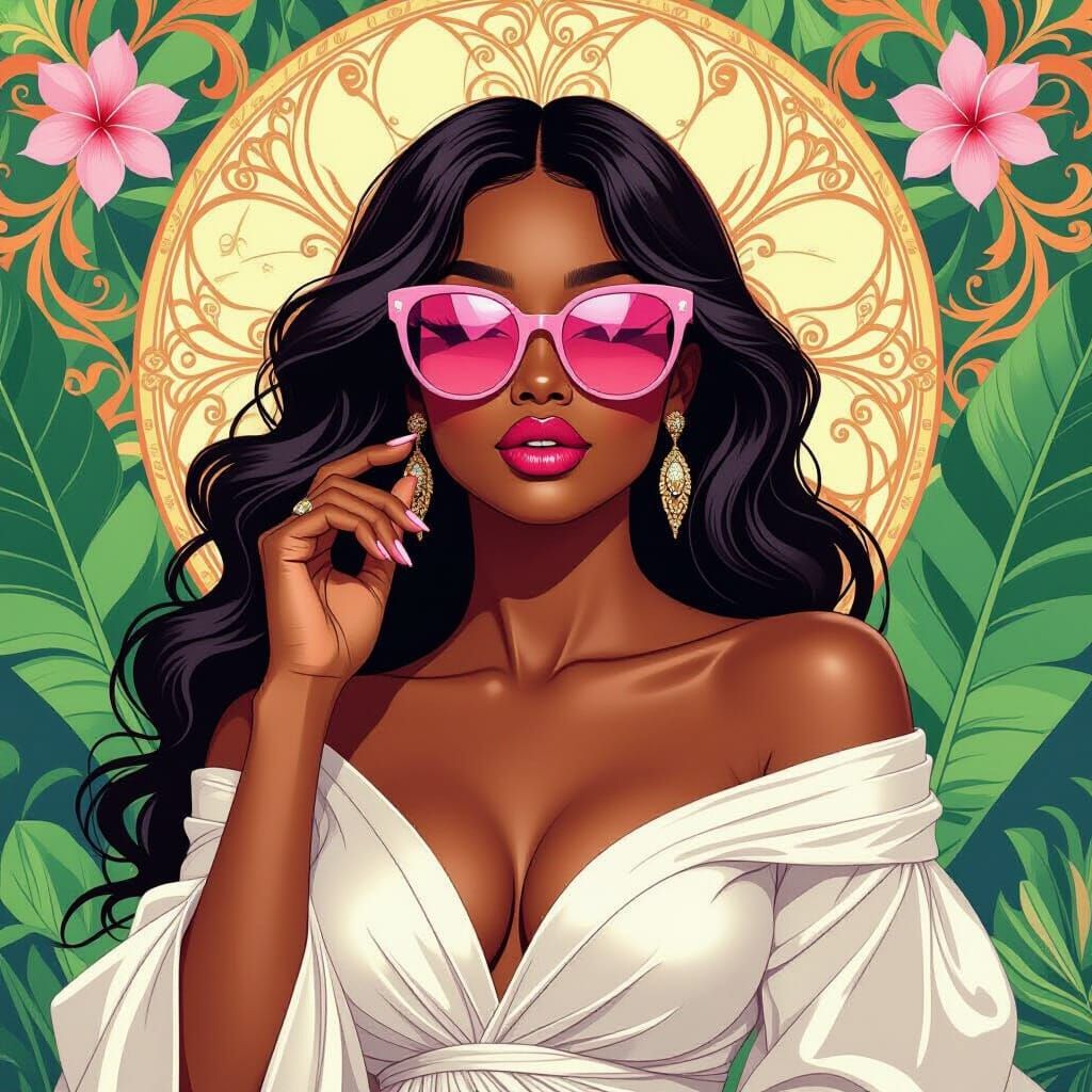 Goddess in Art Nouveau Style with Tropical Backdrop