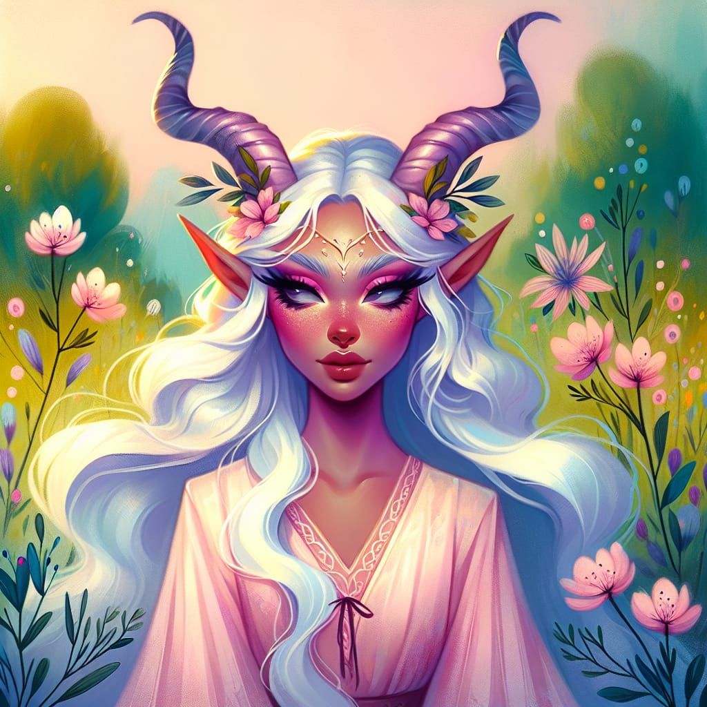 Elven Girl with Horns in a Flower Meadow