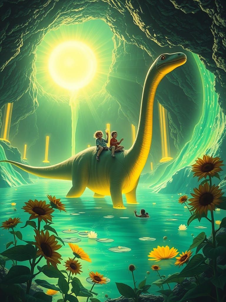 Radiant Cosmic Caverns with Majestic Dinosaurs