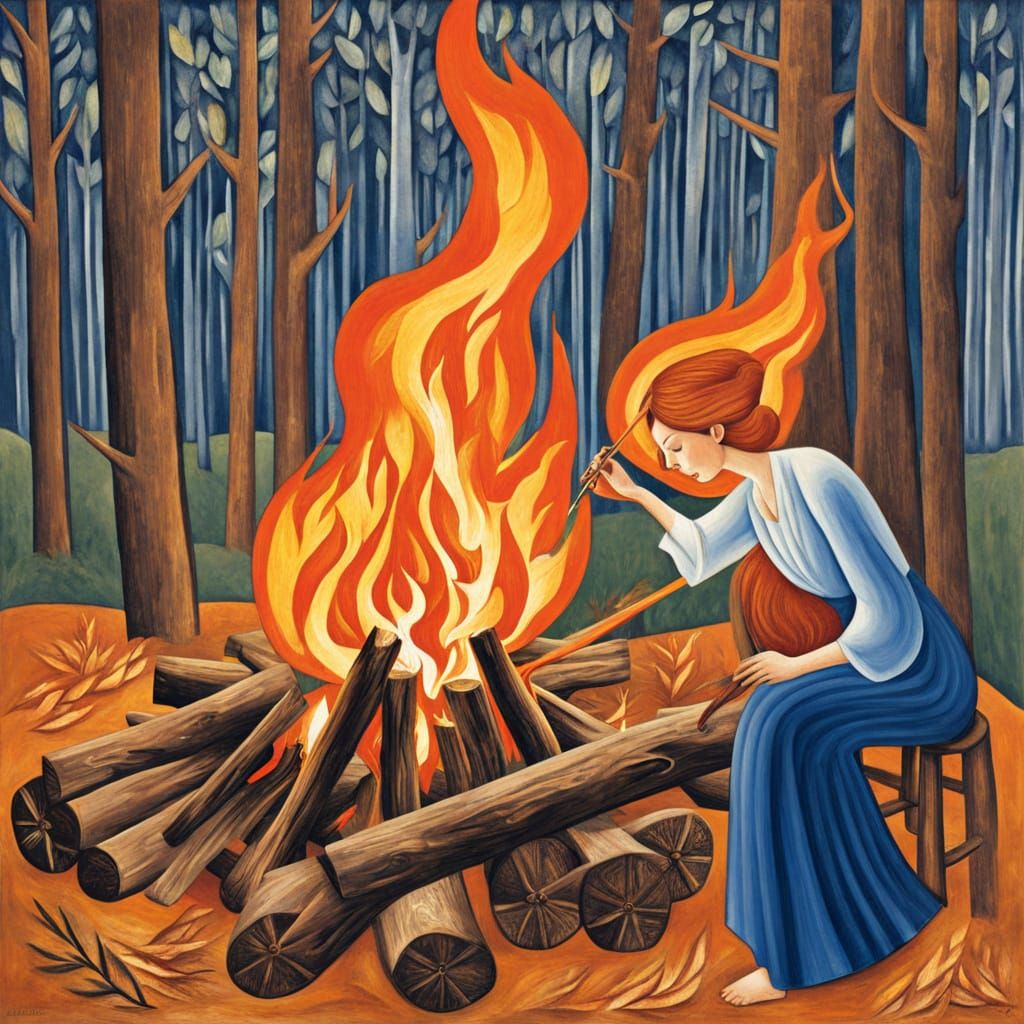 Wood and Fire Together in Vibrant Artistic Style