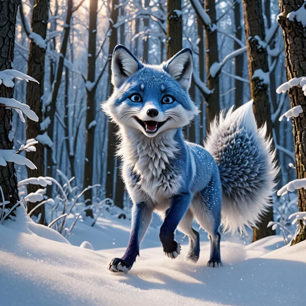 Blue Fox Skips Through Snowy Forest in 3D Animation