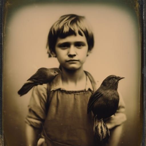 Vintage Daguerreotype of a Boy with Bird