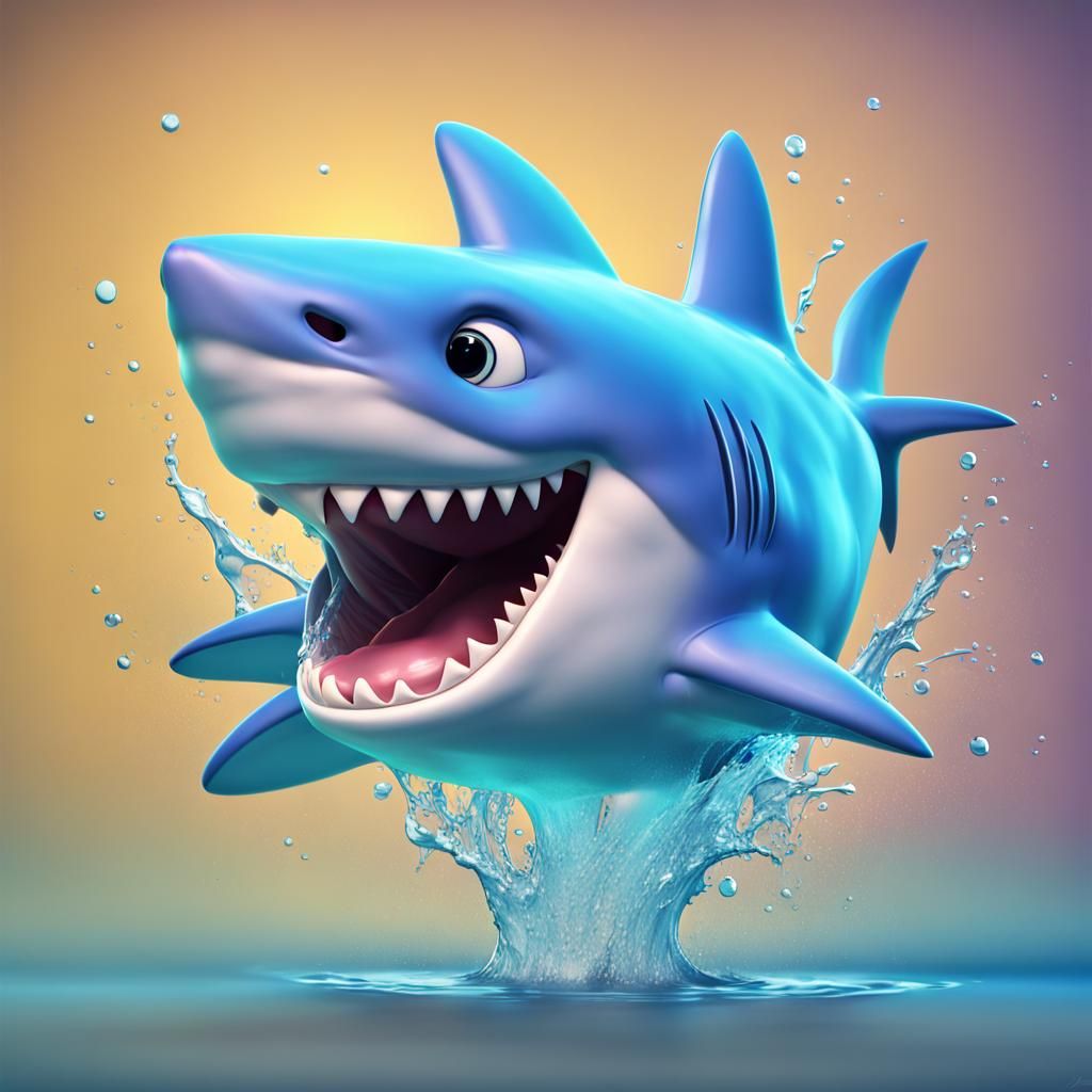 Cheerful Cartoon Shark Leaping from Water: 3D Digital Art