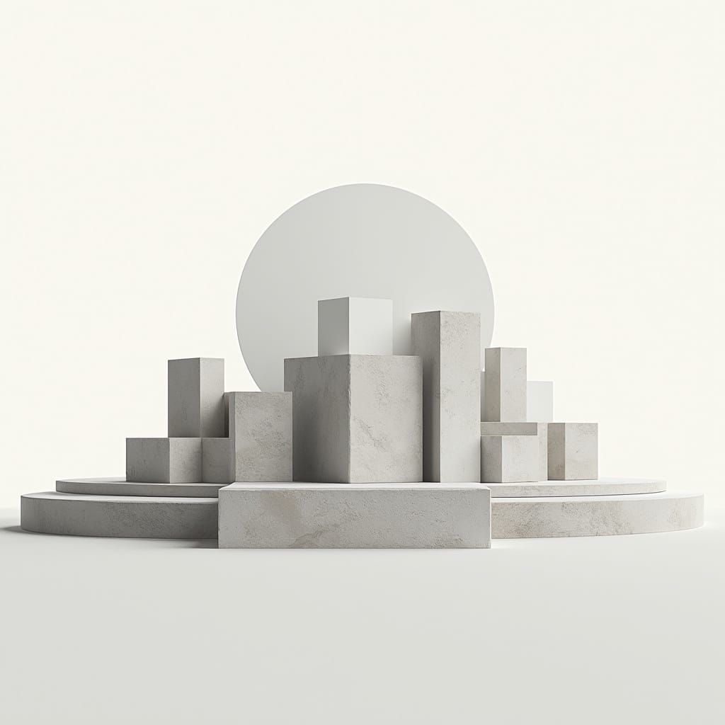 Bauhaus Monolith in Zen Landscape with Cubes and Circles