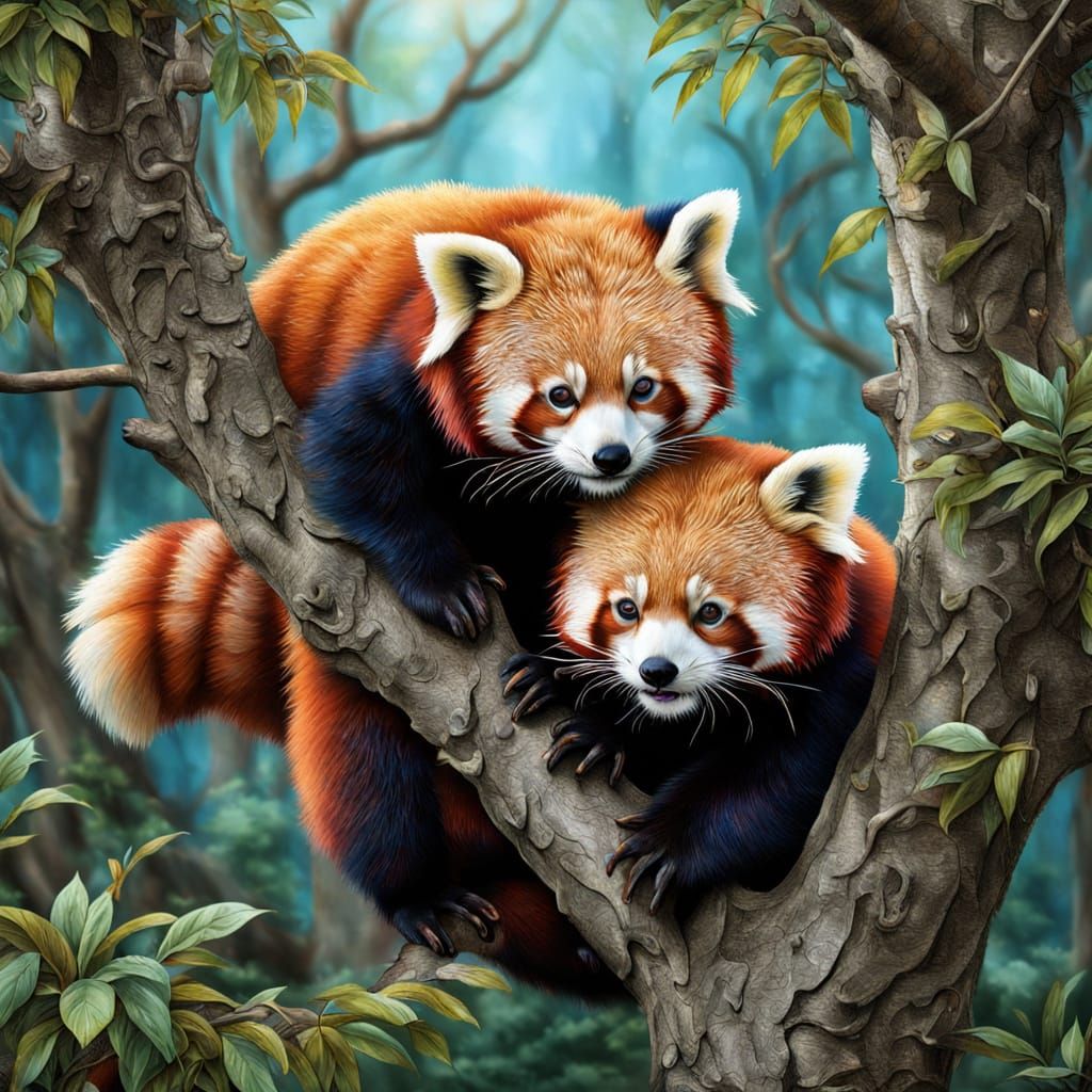 Two Red Pandas Play in a Detailed Tree