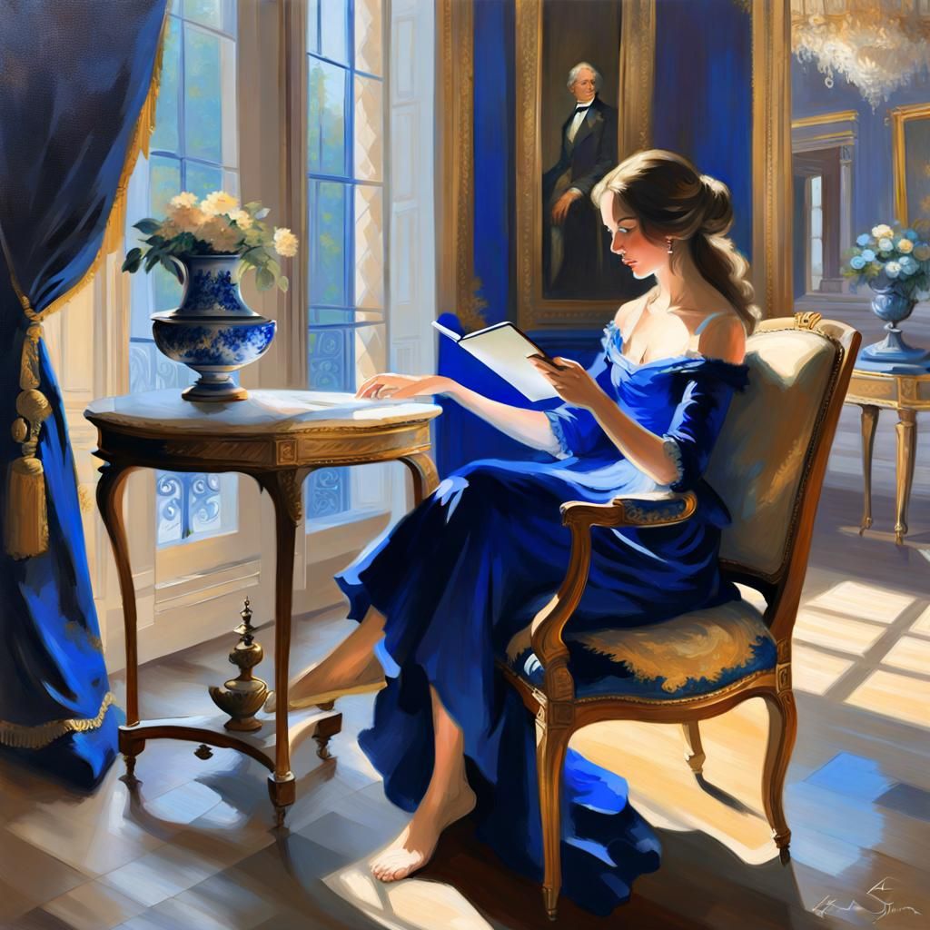 Woman in Blue Dress Plays Game in Ornate Interior