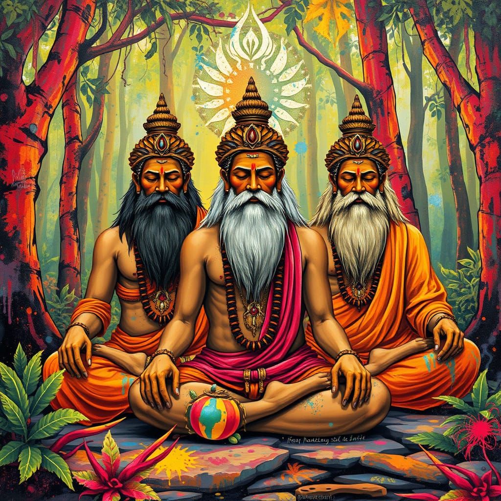Indian Siddhas Meditating in Forest, Dynamic Graffiti Art St...