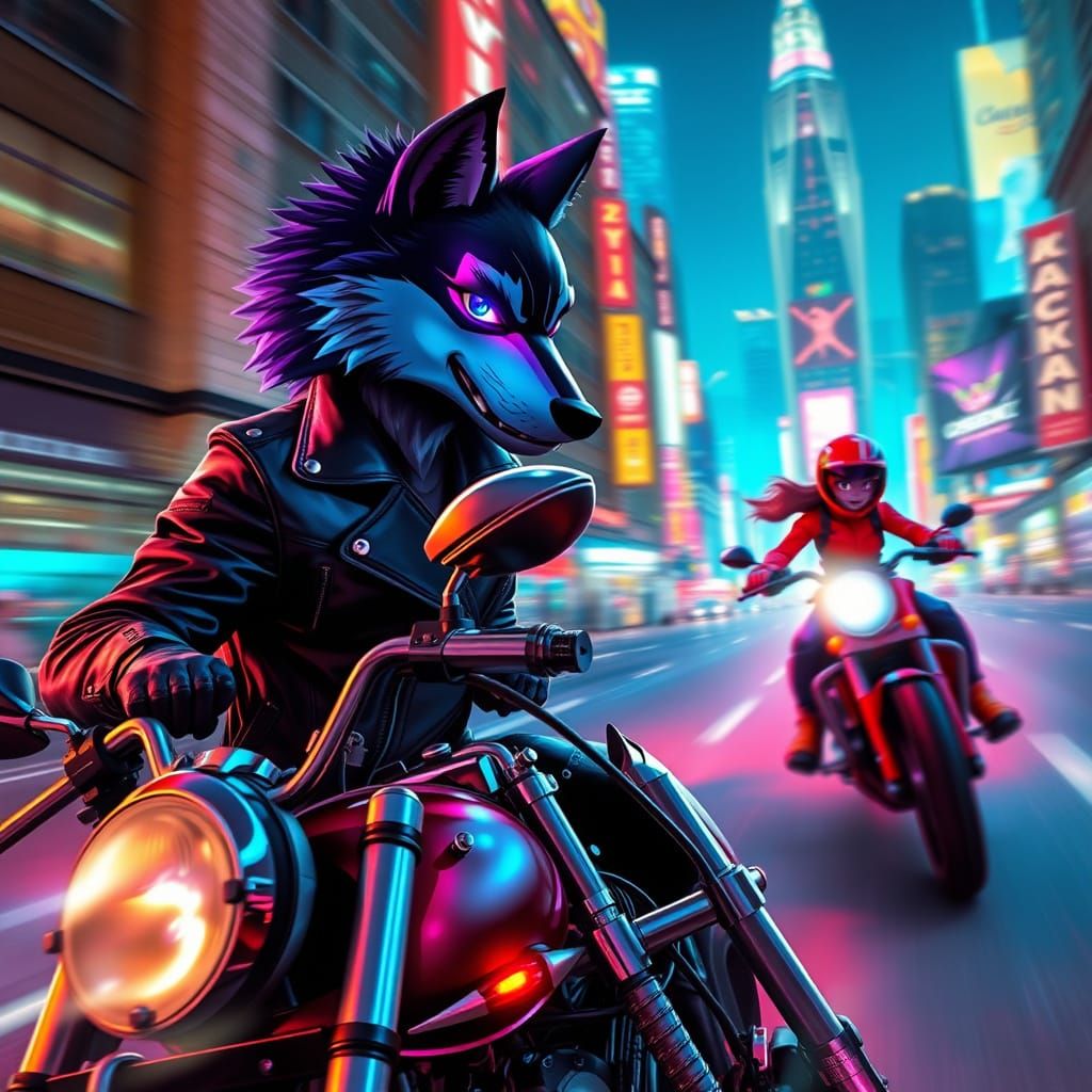 Wolf Rider in Neon Cityscape