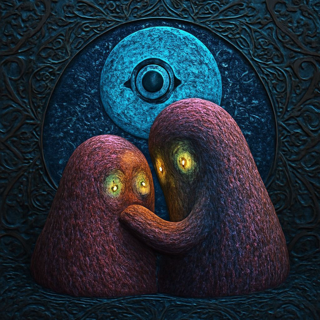 Two Shy Eyeball Hat Monsters Backlit by the Moon