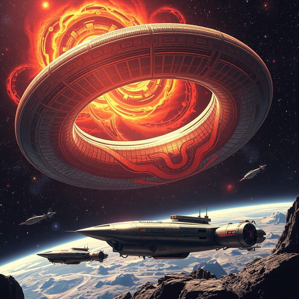 A colossal, sprawling, toroidal space ship spreads across the heavens, stars, moon and planet in the background, its hul...