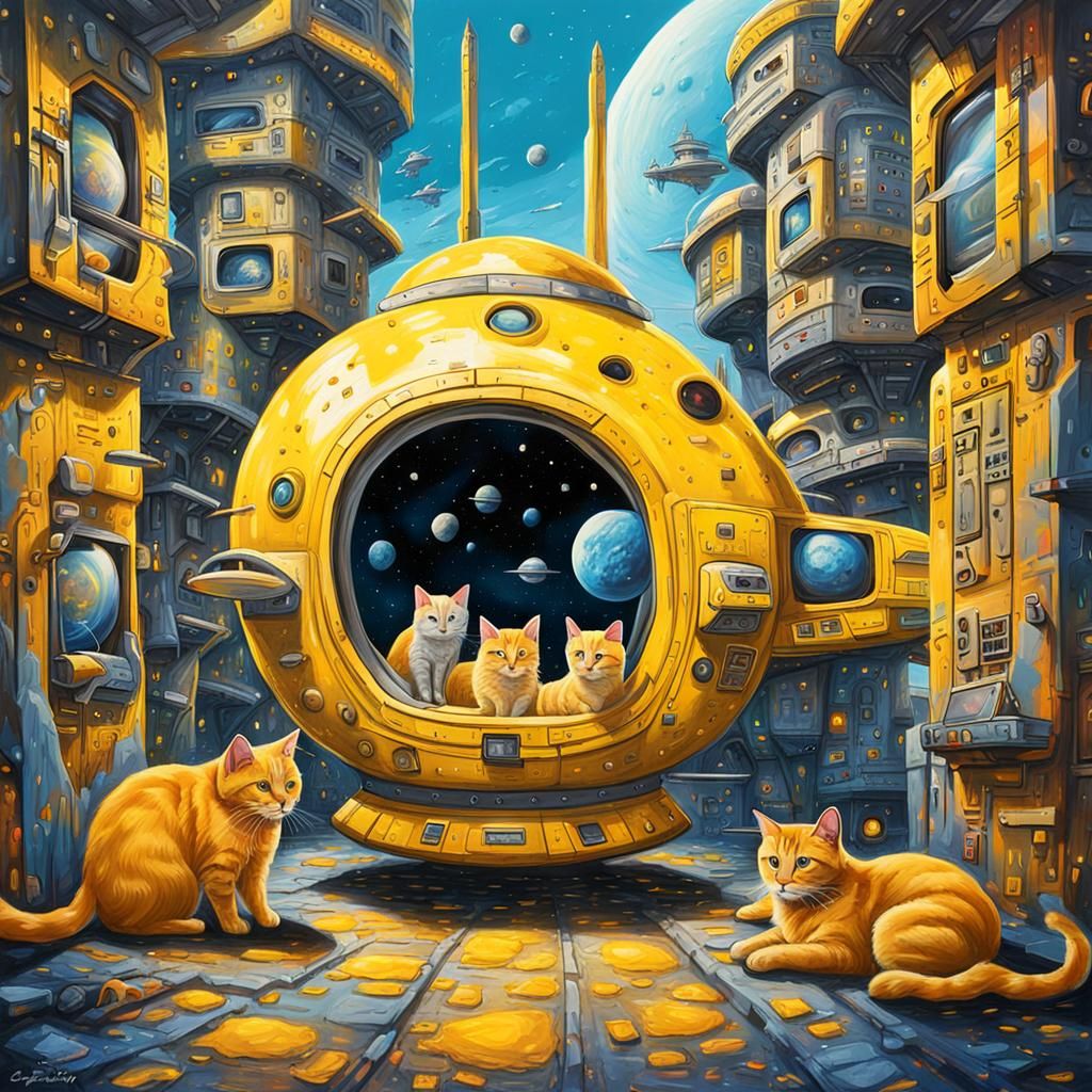 Yellow Cats Conquer Spaceship in Graffiti Art
