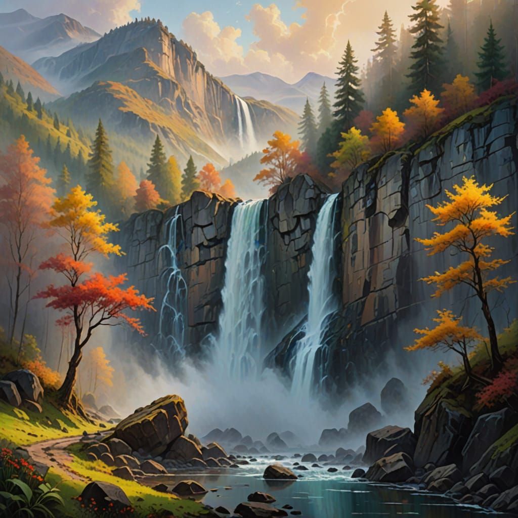 Ethereal Misty Waterfall in Vibrant Oil Painting Style