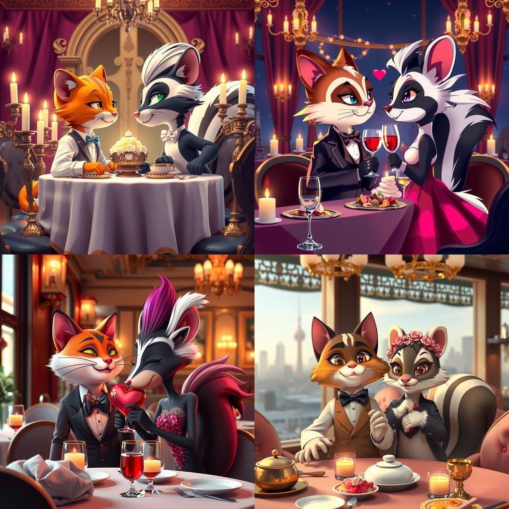 Cartoon Cat and Skunk in Love at Fancy Restaurant