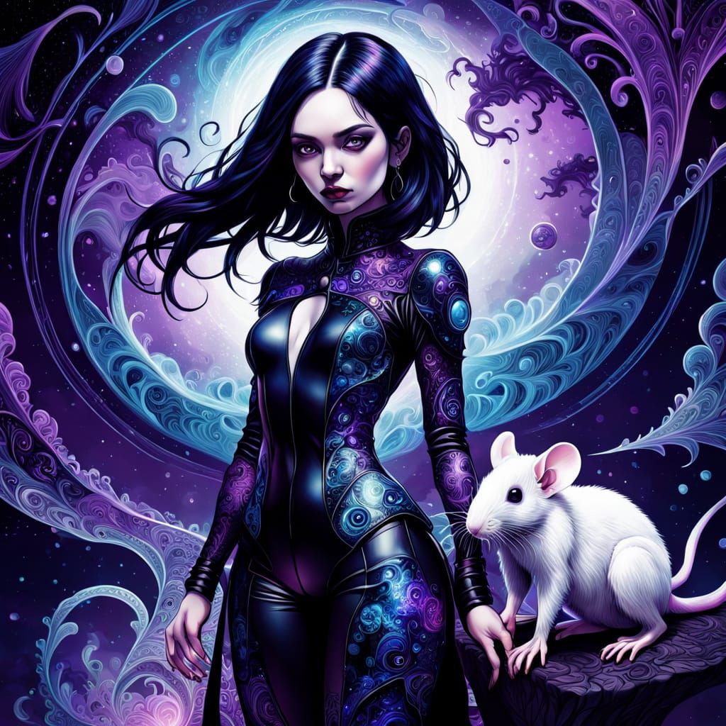 Gothic Goddess with Mystical Rat in Dreamlike Astral Landsca...