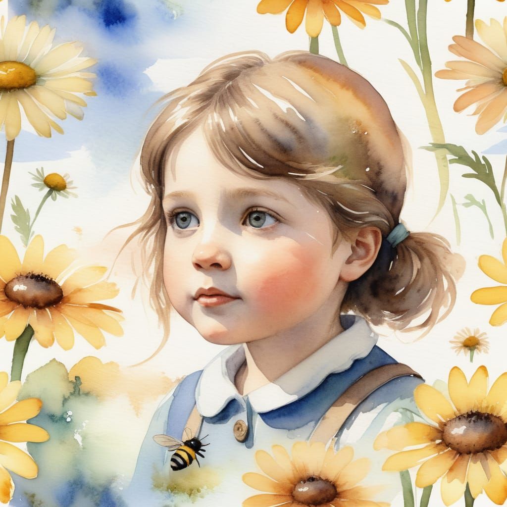 Whimsical Watercolor Portrait of a Young Child