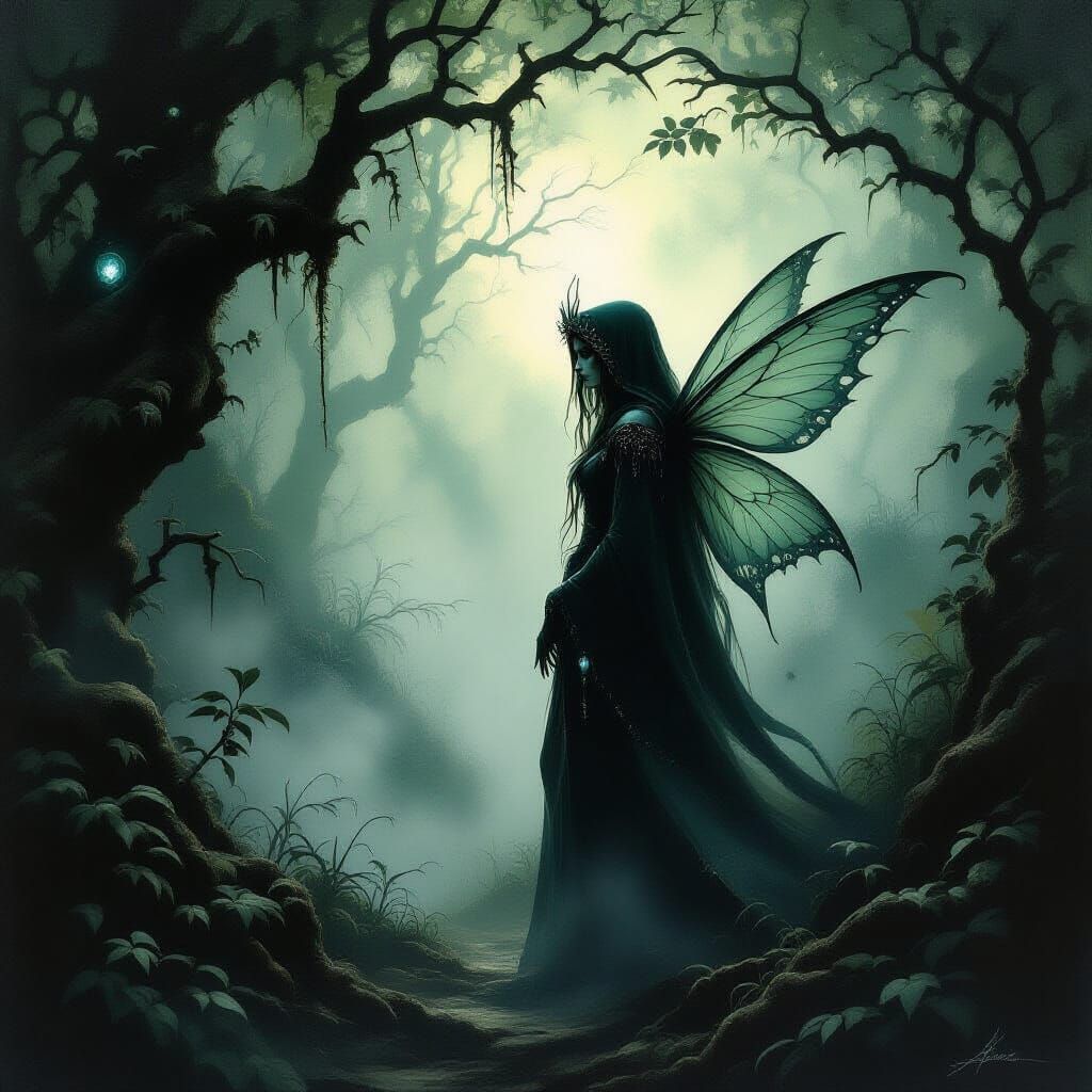 Mystical Elven Faerie in Gothic Forest Oil Painting