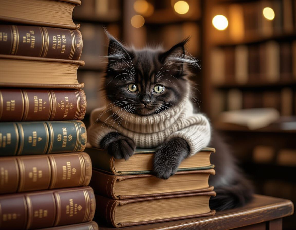 Black Kitten Peeking From Books in Dusty Antique Shop