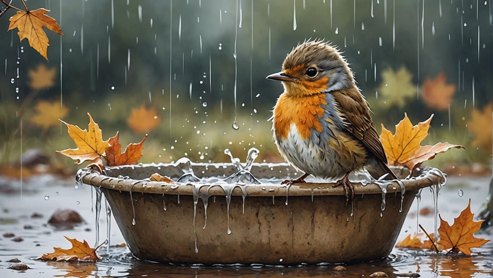 Baby Robin Taking a Bath, Watercolor Splash Art