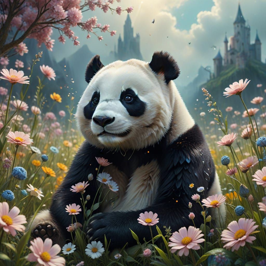Surreal Panda with 'Good Work!' Text, Mystical Creature, Dre...
