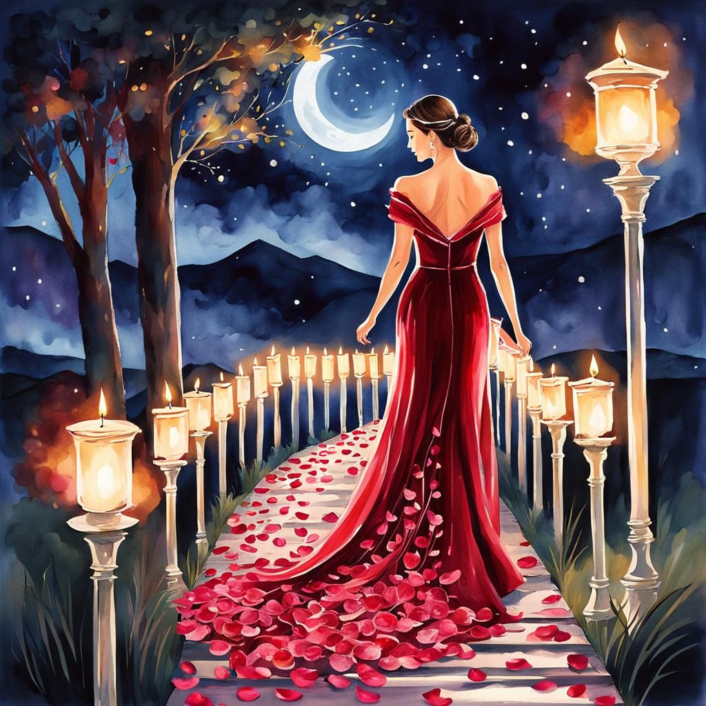 Ethereal Woman in Ruby Gown at Midnight