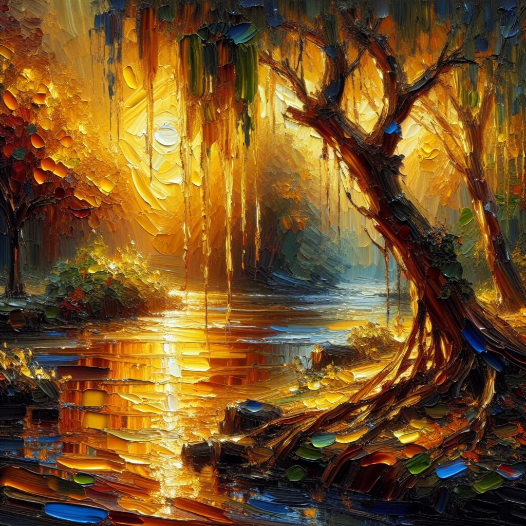 Willow Trees Reflected in Stream, Oriental Impasto Painting