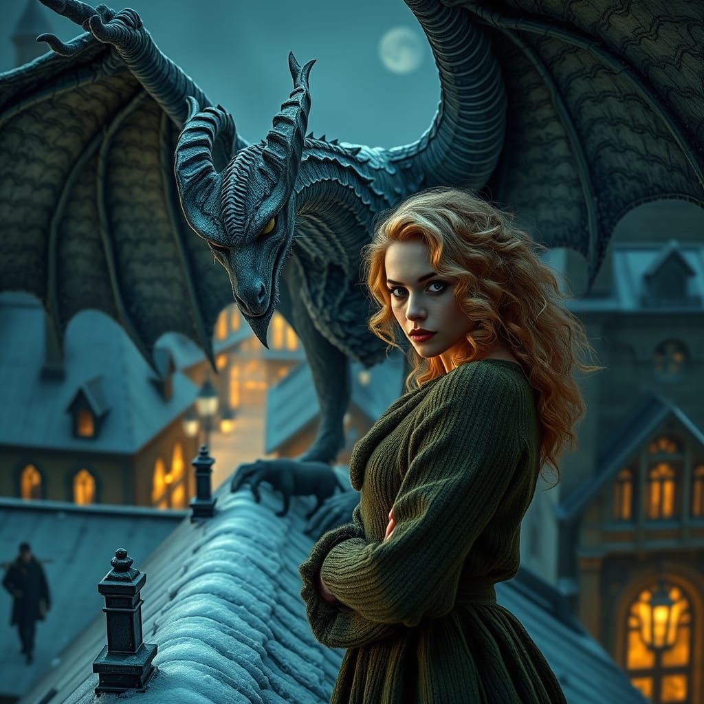 Guardian Gargoyle and Blonde Woman in Fantasy Art Style