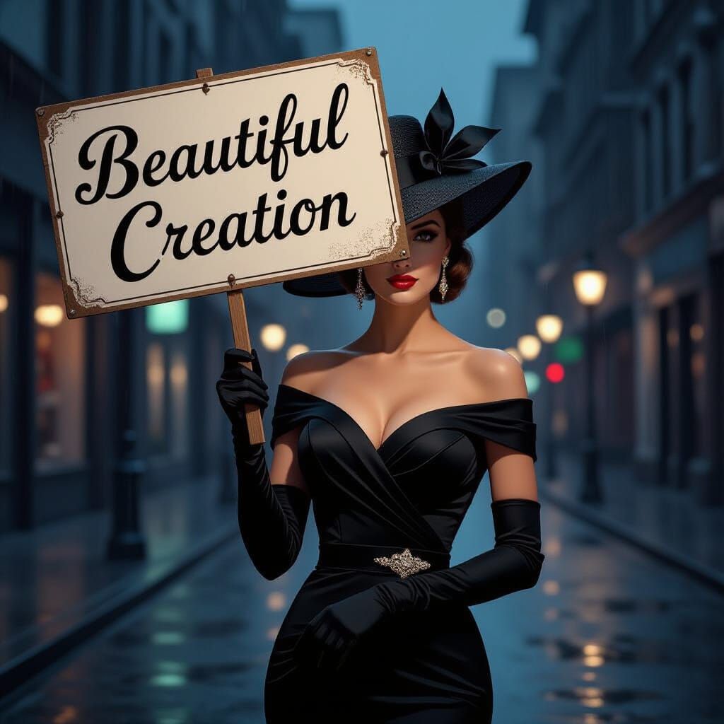 Woman in Black Dress Holding Sign in Rainy City