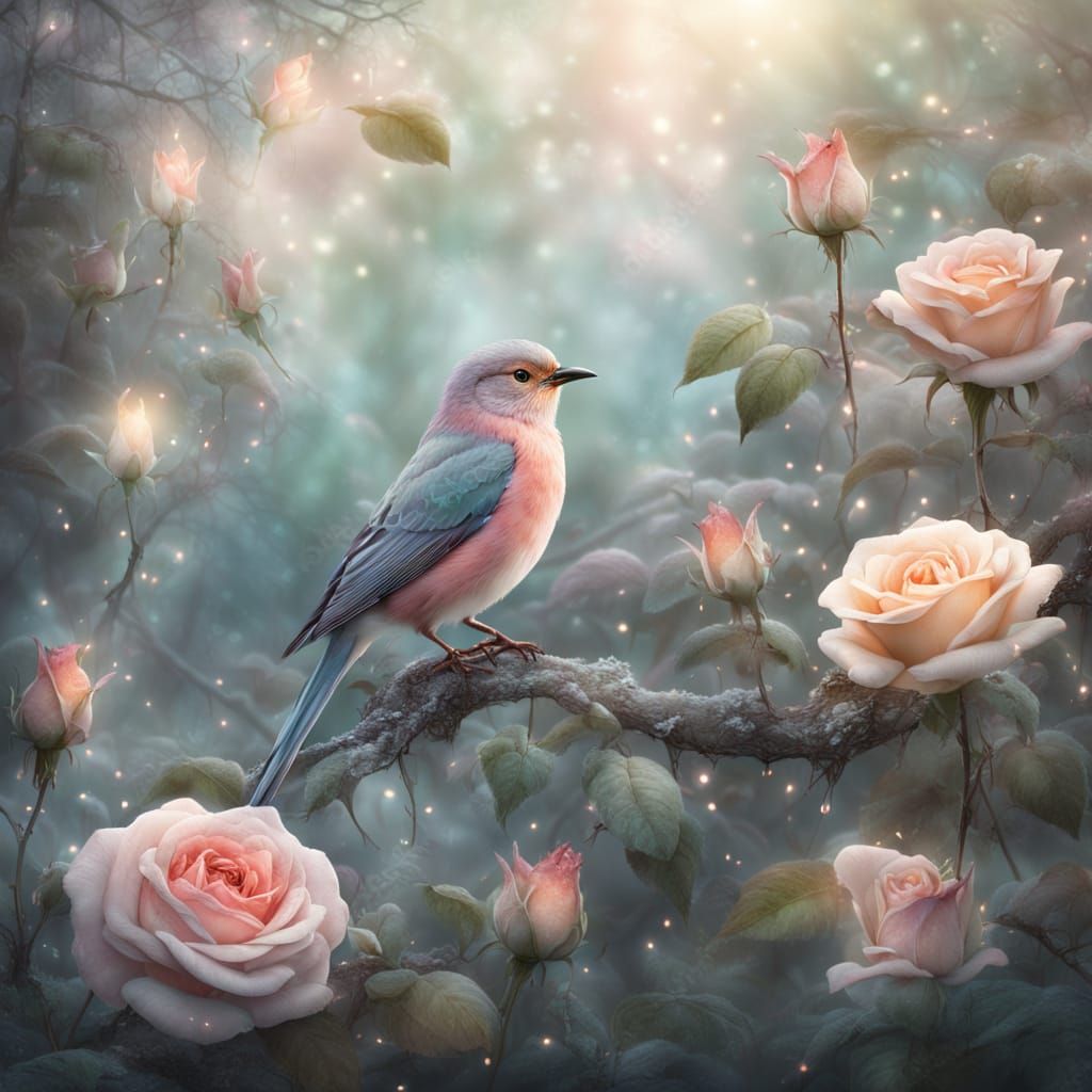 Enchanted Rose Garden with Bird in Pastel Colors