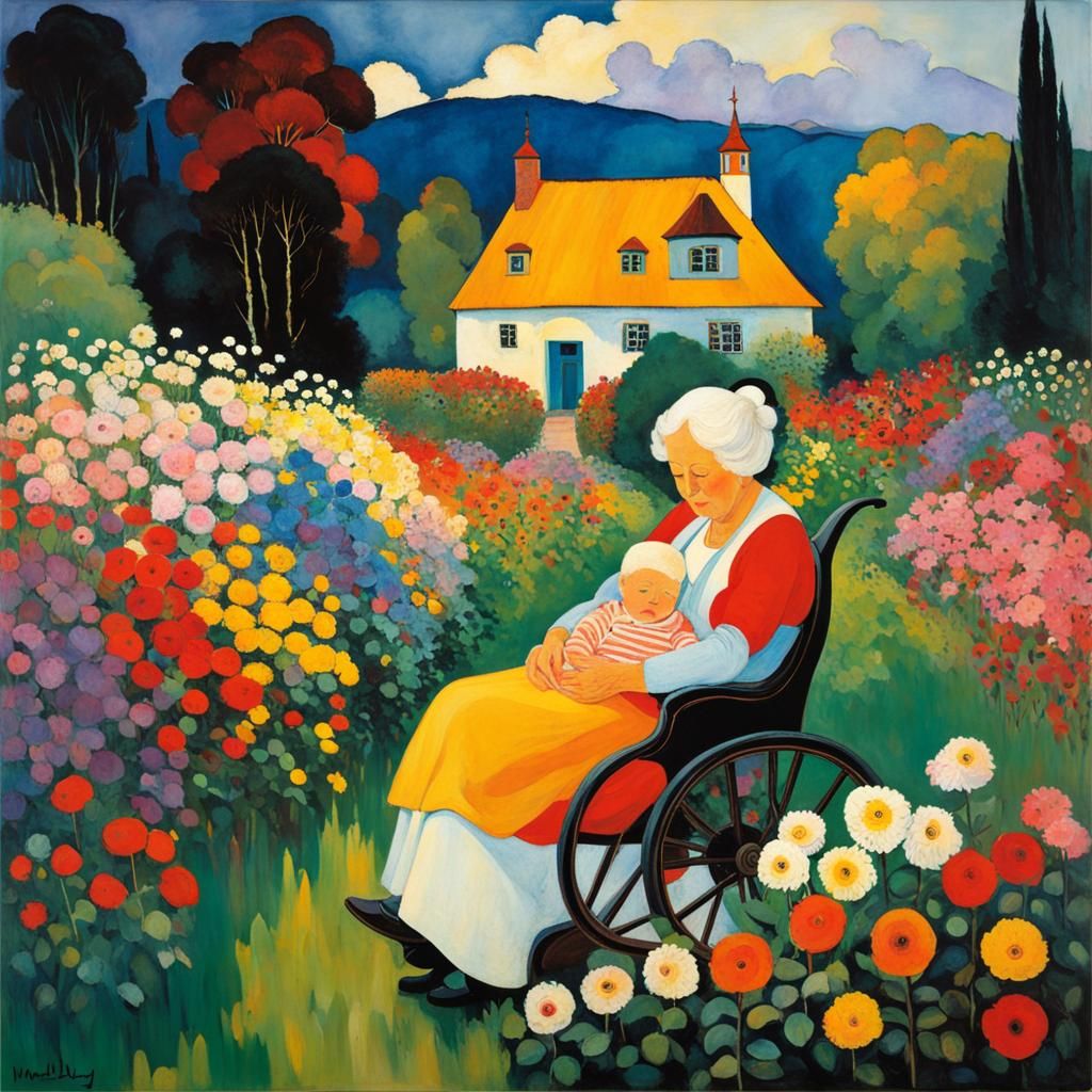 Grandmother and Child in Garden: Expressionist Painting