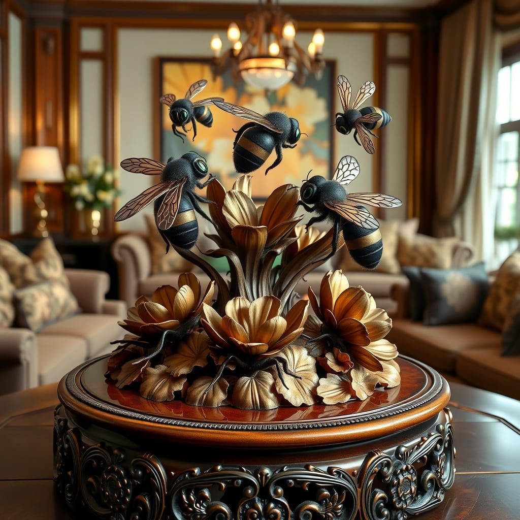 Surreal Bronze Sculpture of Bumblebees in Whimsical Dance