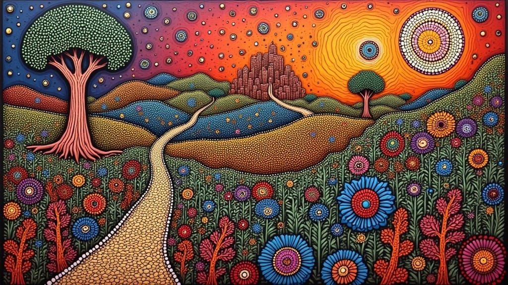 Surreal Folk Art Character Walking Down a Hollow Road