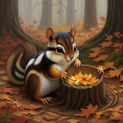 Chipmunk Gathers Nuts for Winter in Vibrant Oil Painting