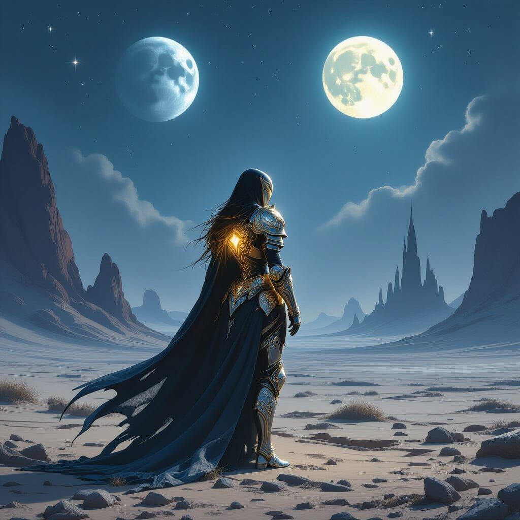 Female Knight Under Twin Moons in Epic Fantasy Art Style
