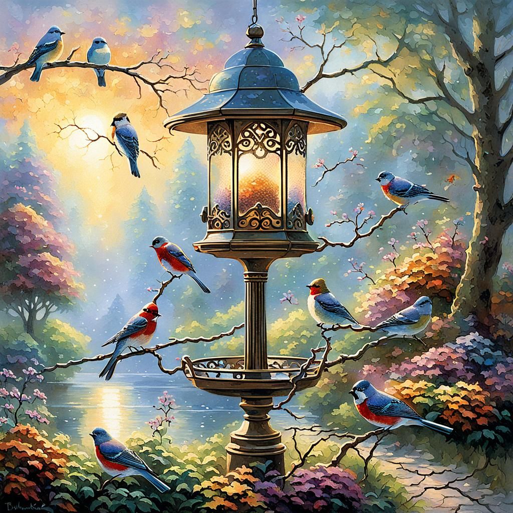 Birds at Birdfeeder in Ethereal Fantasy Style