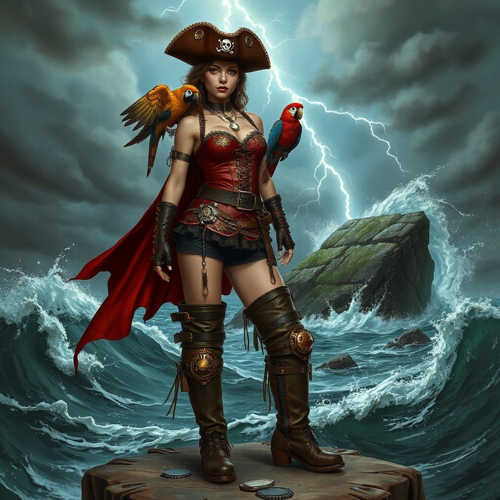 Gothic Steampunk Pirate Girl in Crimson Leather Corset