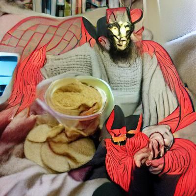 Amicable Satan Enjoying Chips and Hummus