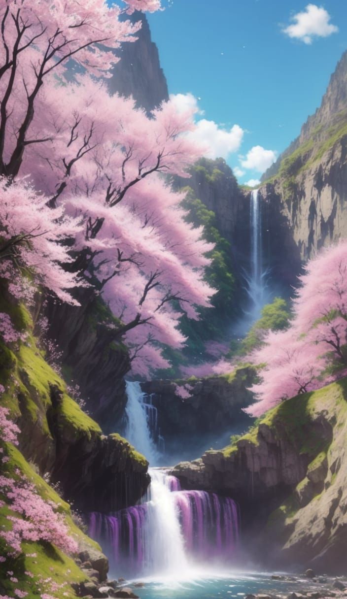 Waterfall Paradise with Cherry Blossoms, Hyperdetailed Photo...