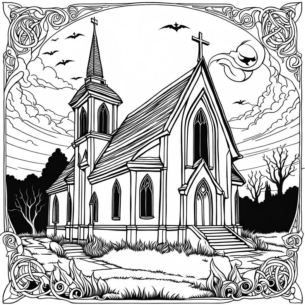 The Abandoned Church Colouring Book Page