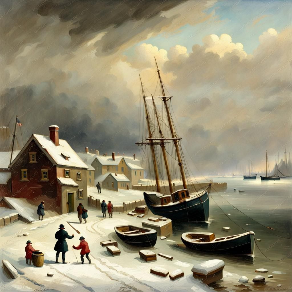Winter Blizzard at a 19th Century Harbor
