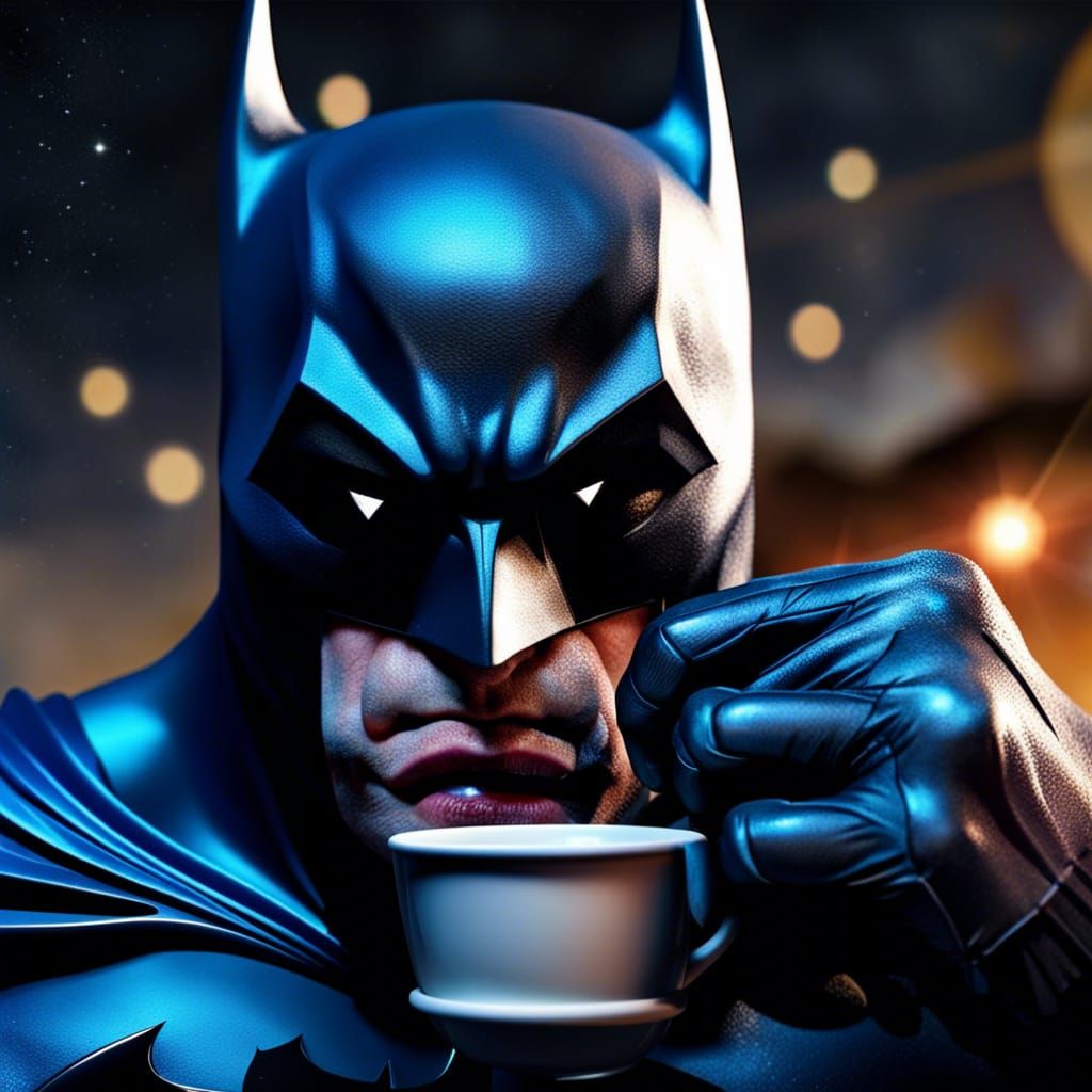 Batman Sipping Coffee Under Stars in Hyperrealistic Splash A...