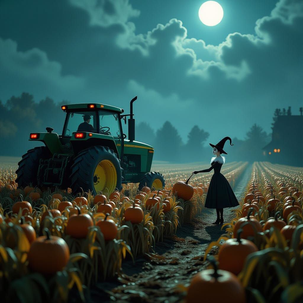 Macabre Harvest Scene in Tim Burton Style