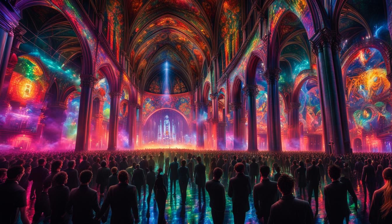 Futuristic Rave in Cathedral: Photorealistic Celebration