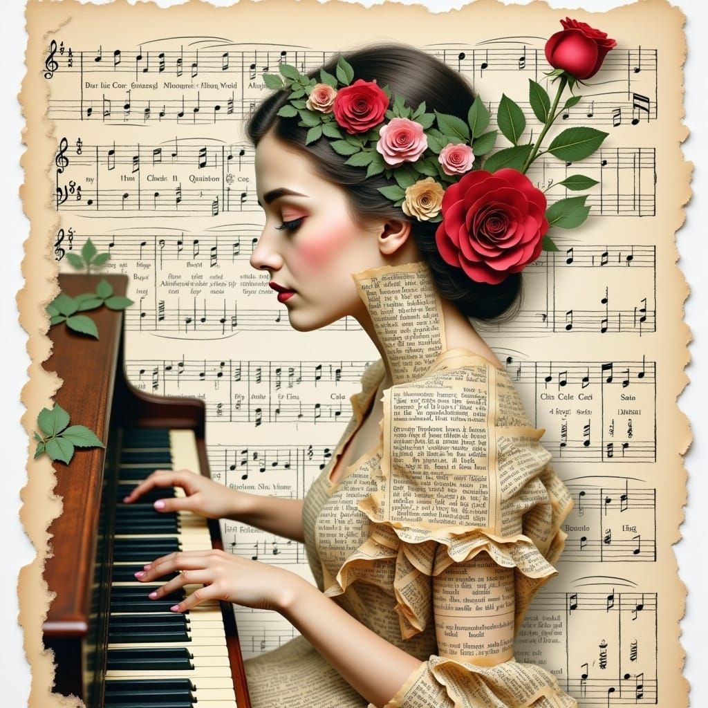 Woman with Piano in Mixed Media Style