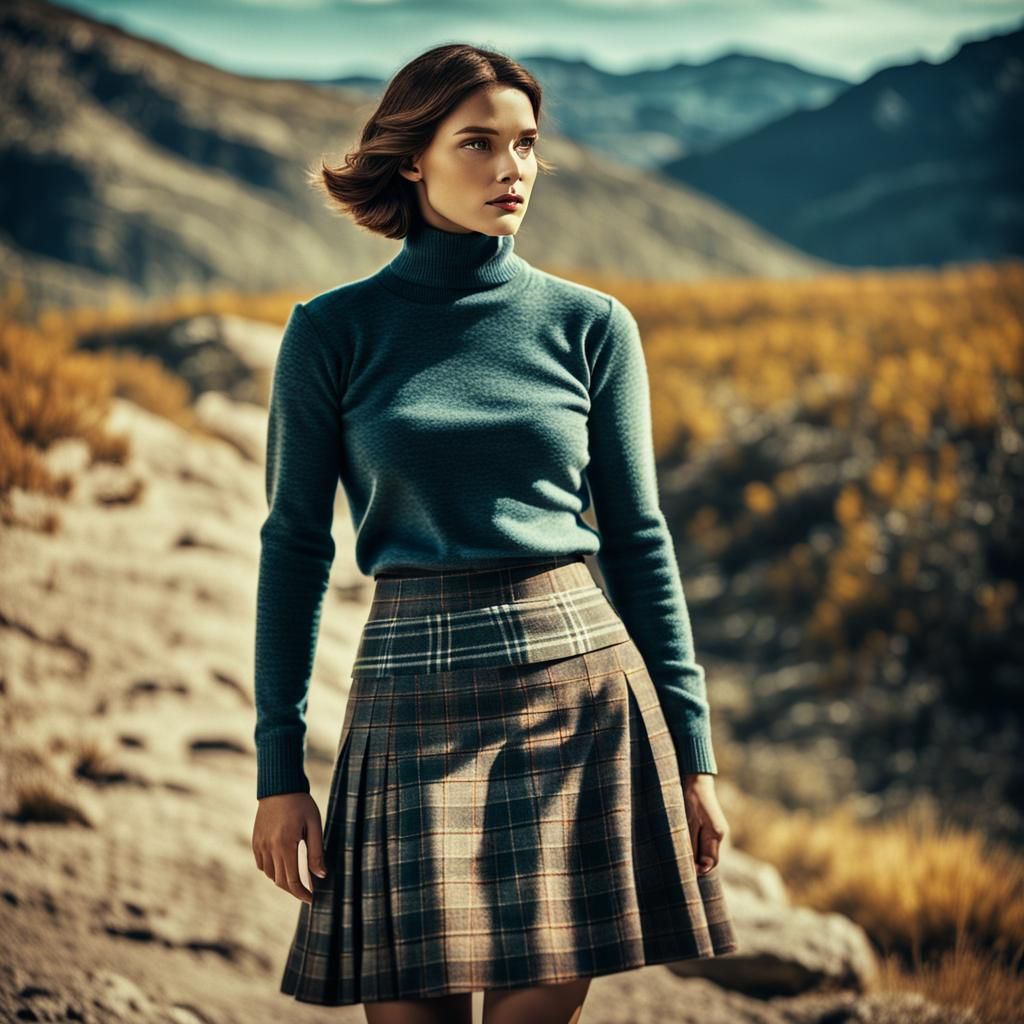 Woman in Turtleneck and Plaid Skirt, Cinematic Style
