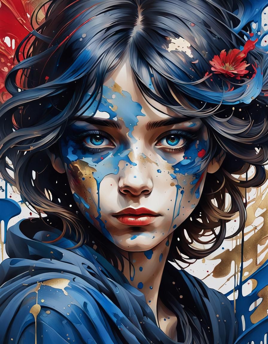 Abstract Expressionist Portrait with Ink Splatters