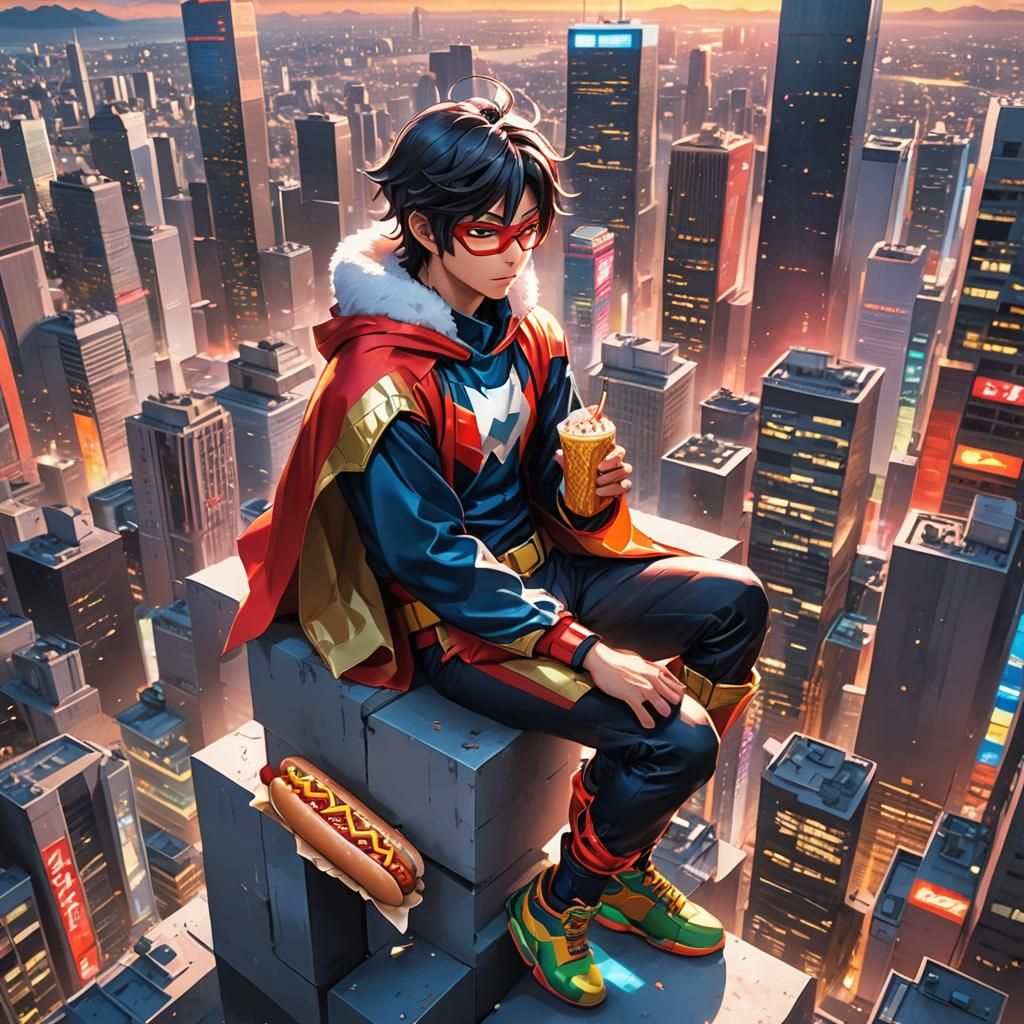 Superhero Manga Art: Hot Dog on Skyscraper Ledge